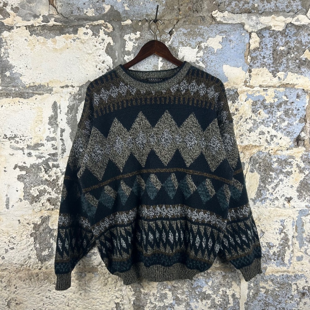 Vintage Graphix Sweater Mens Large Brown Green Gray Acrylic Diamond Pattern Knit